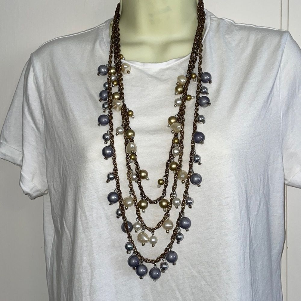 Three strand long necklace with large cream, silver & gold‎ pearlized beads